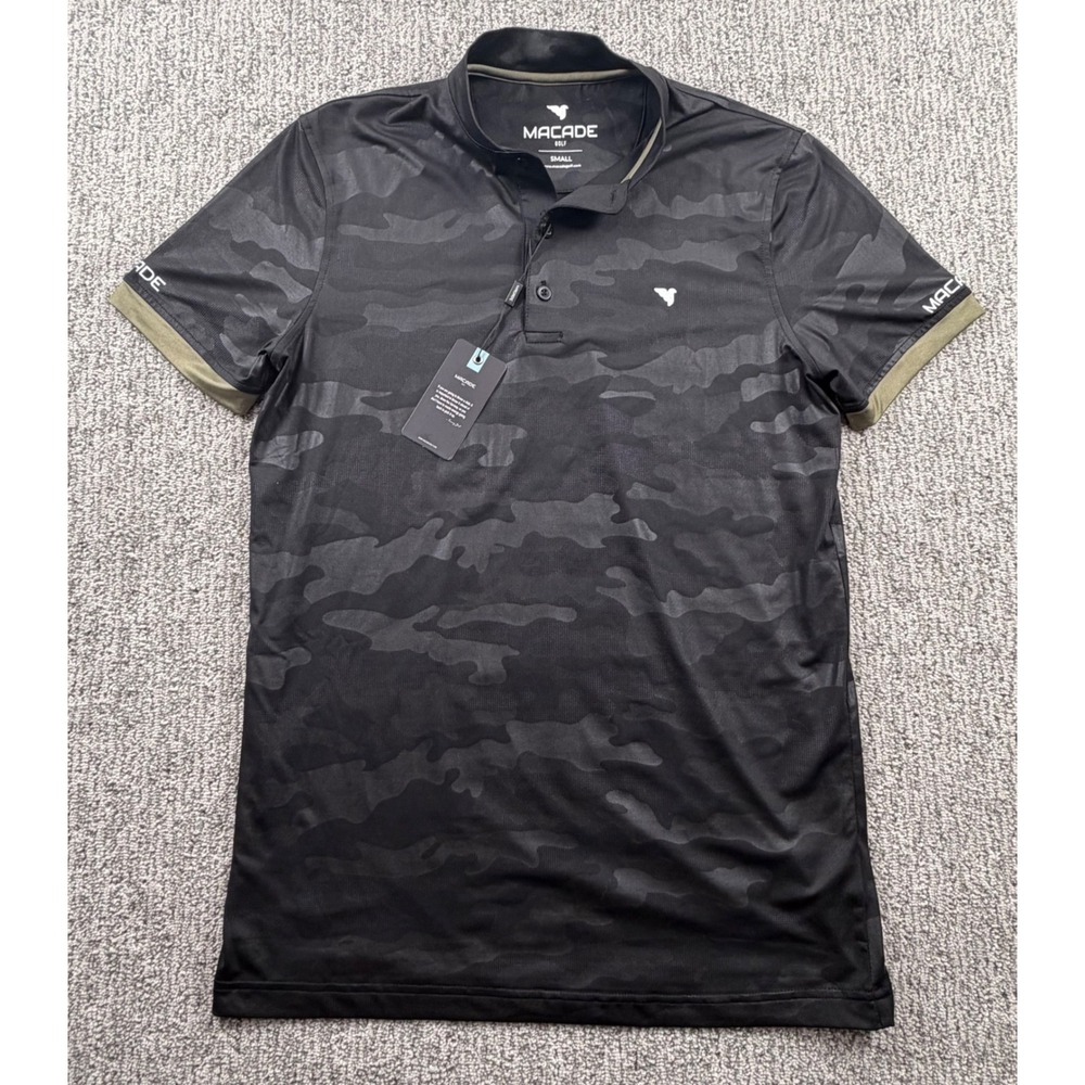 NWT Macade Golf Polo Shirt Mens Small Black Camo SS Performance Stretch NEW